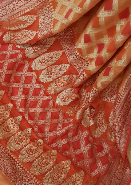90 grams pure silk Benaras Brocade Georgette with traditional motifs.