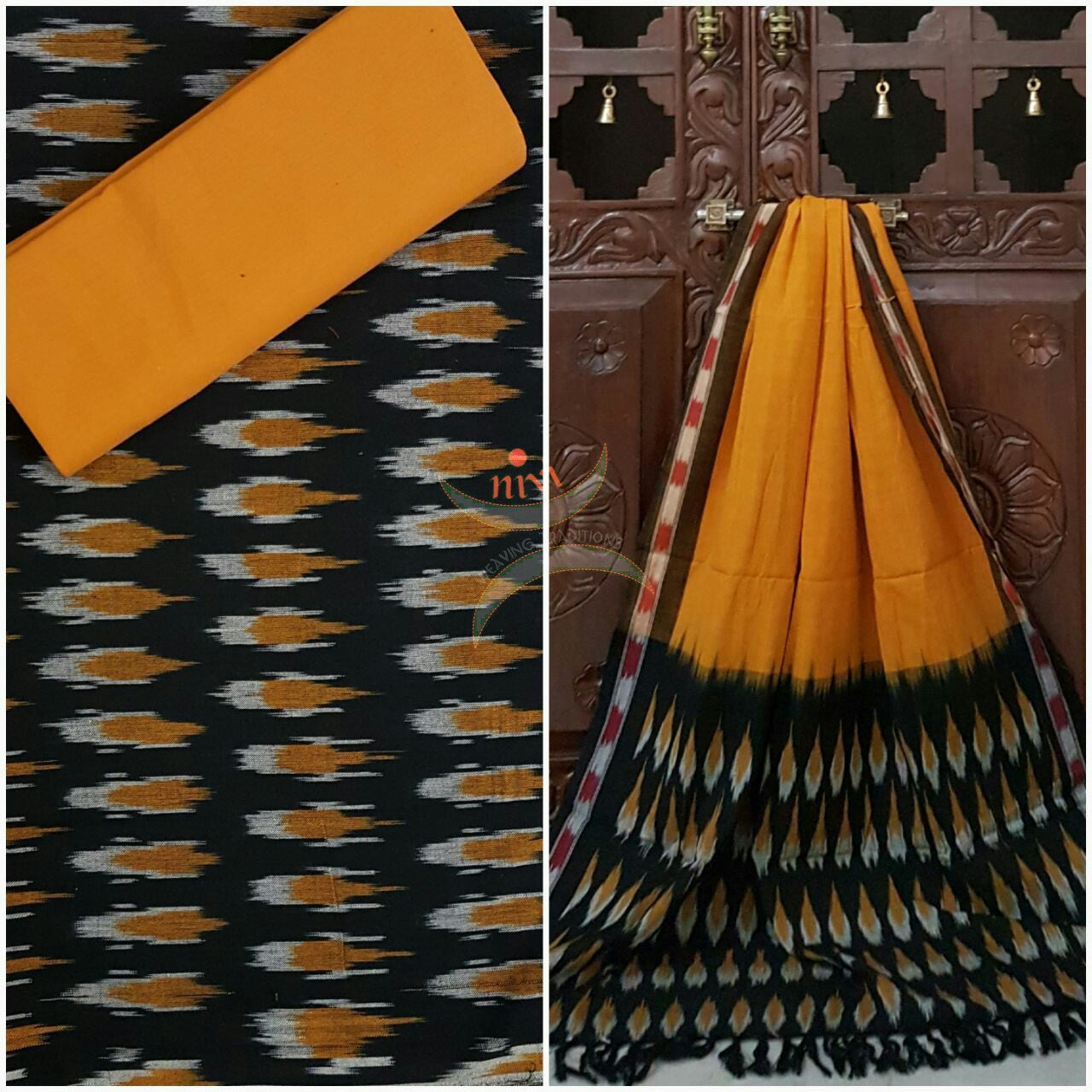 Black and mustard pochampalli ikat Handloom Cotton dress material