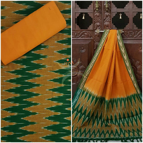 Green and mustard pochampalli ikat Handloom Cotton dress material