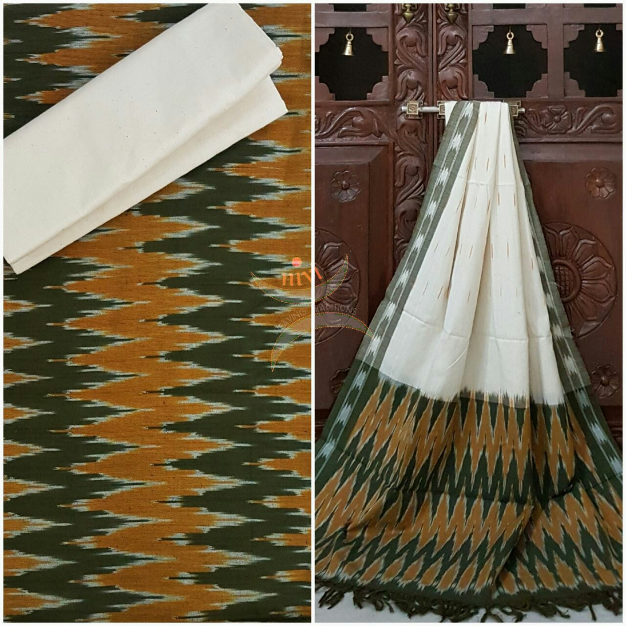 Green and off white mustard pochampalli ikat Handloom Cotton dress material