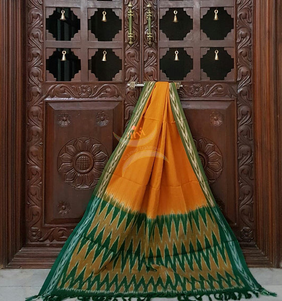 Green and mustard pochampalli ikat Handloom Cotton dress material