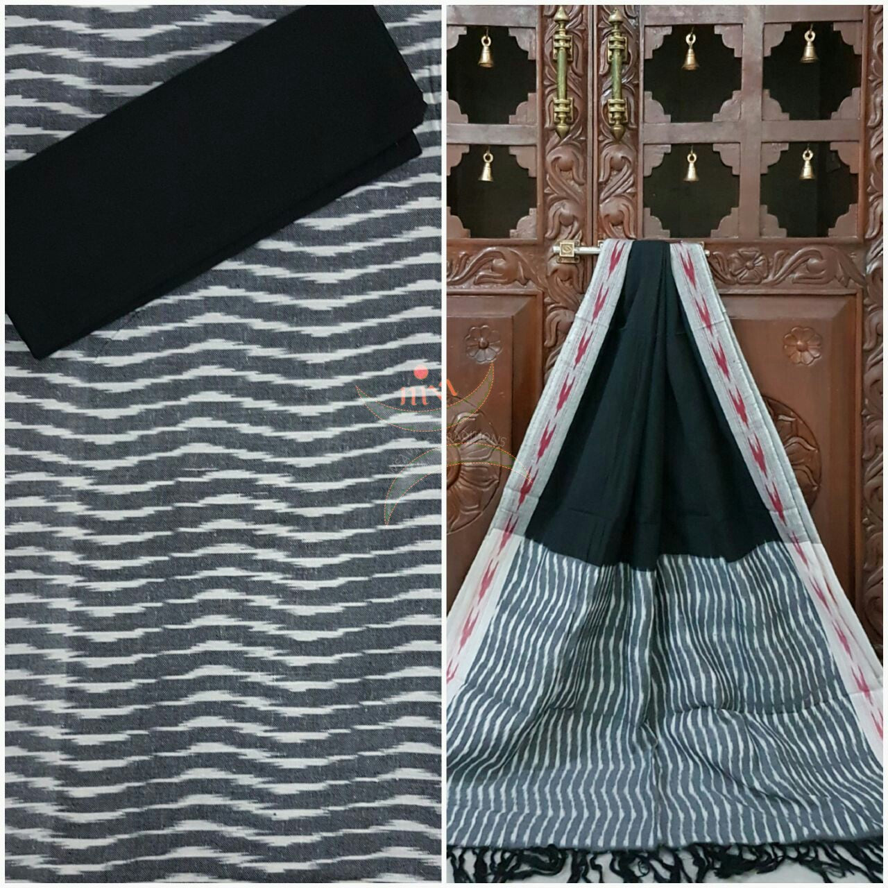 Black and white pochampalli ikat Handloom Cotton dress material