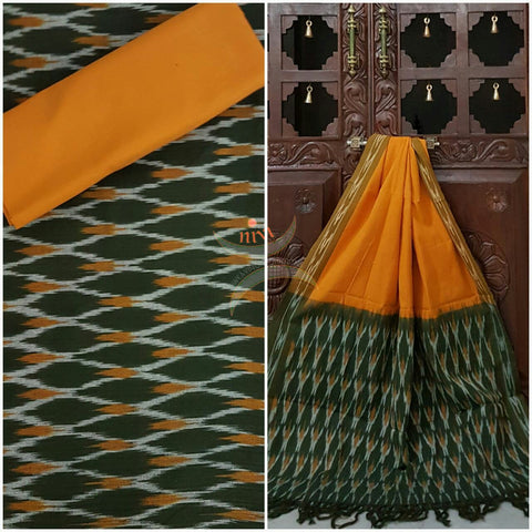 Green and mustard pochampalli ikat Handloom Cotton dress material