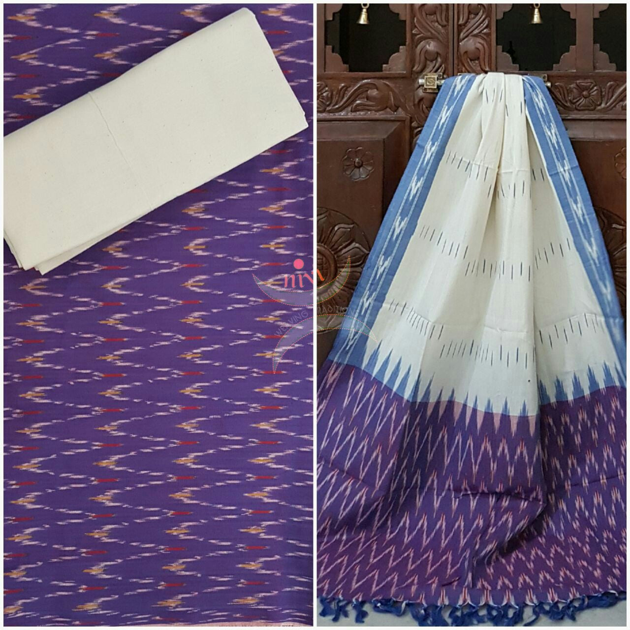 Mauve and white pochampalli ikat Handloom Cotton dress material
