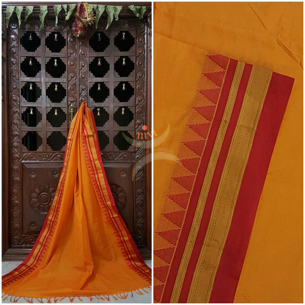 Gadwal mercerized cotton Duppata in combination of mango yellow and Red.