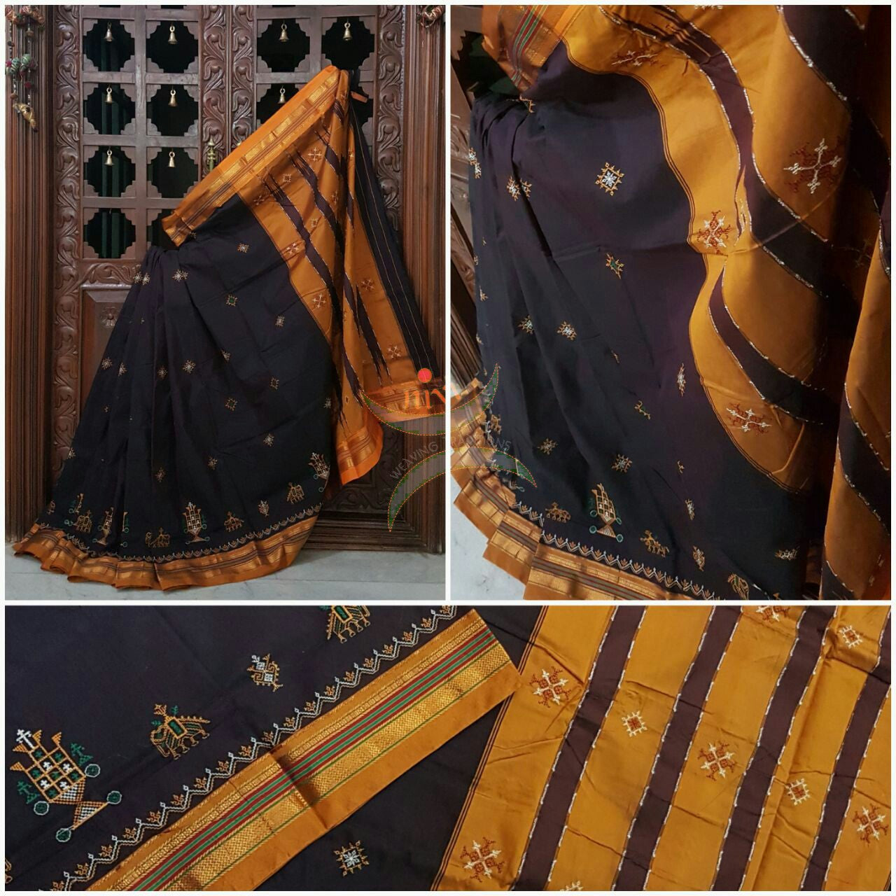 Brown with mustard silk cotton kasuti embroidered Ilkal with Anne ambari motif and traditional tope teni pallu . 
