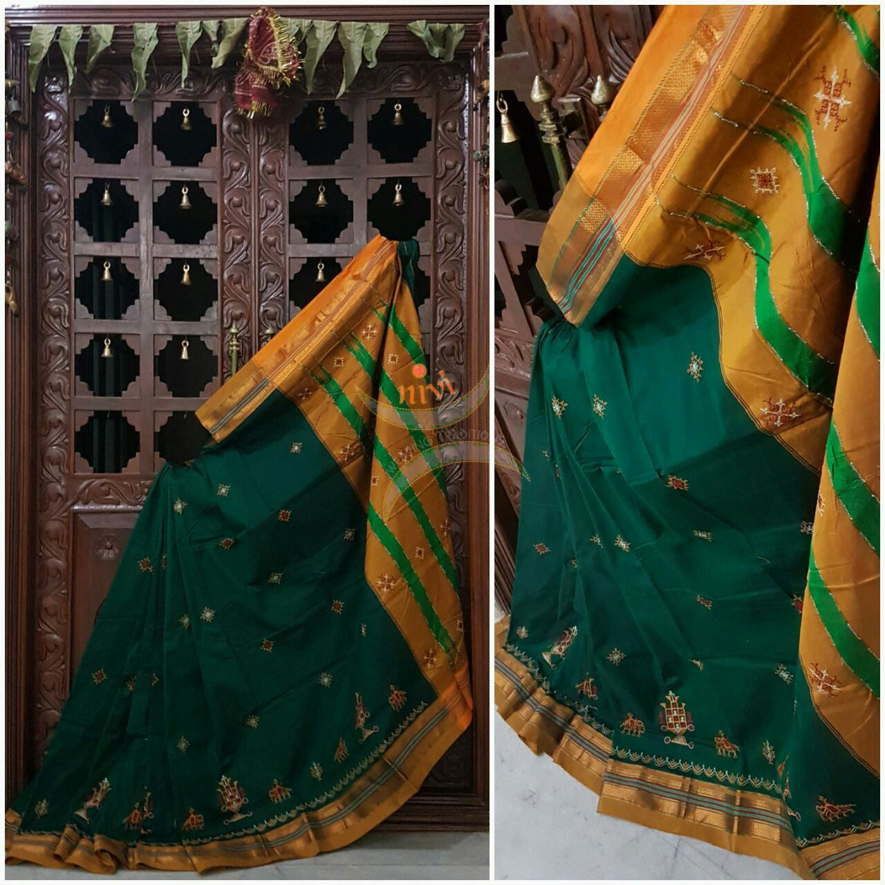 Leaf green with mustard silk cotton kasuti embroidered Ilkal with Anne ambari motif and traditional tope teni pallu . 