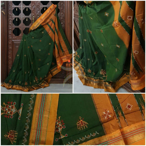 Mehendi green with mustard silk cotton kasuti embroidered Ilkal with Anne ambari motif and traditional tope teni pallu . 