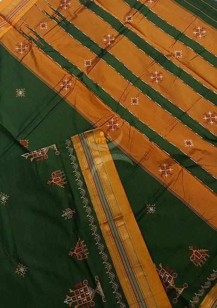 Mehendi green with mustard silk cotton kasuti embroidered Ilkal with Anne ambari motif and traditional tope teni pallu . 