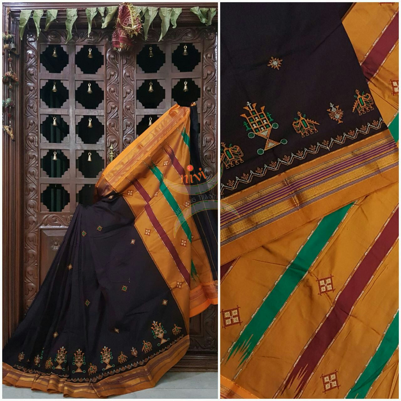 Brown with mustard silk cotton kasuti embroidered Ilkal with Anne ambari motif and traditional tope teni pallu . 