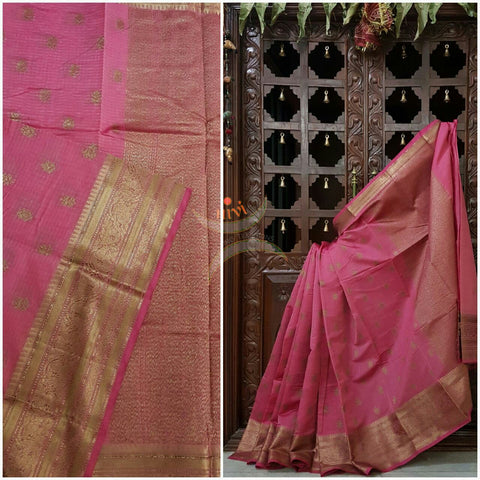 Pink Linen Cotton Benaras Brocade with antique zari weaving all over.