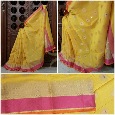 Yellow silk cotton benaras brocade saree with satin finish contrasting pallu and border and antique gold zari woven on border