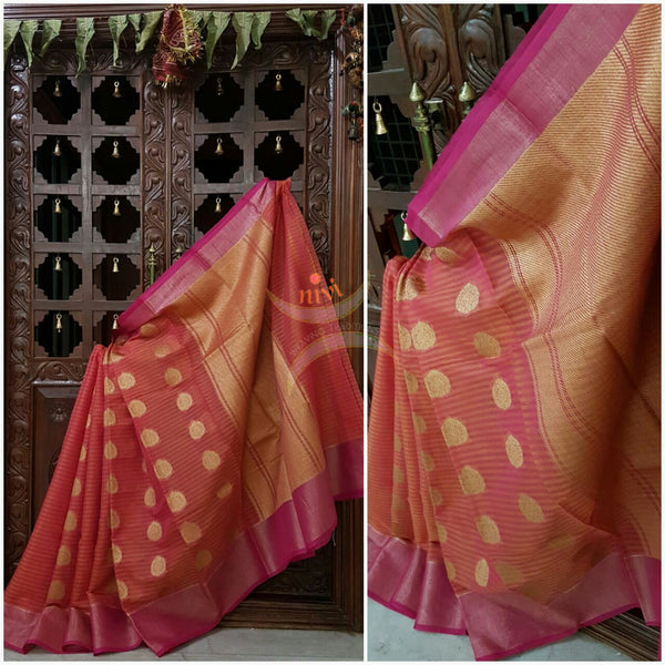 Maroon red Linen Cotton Benaras Brocade saree with antique zari weaving all over the saree.