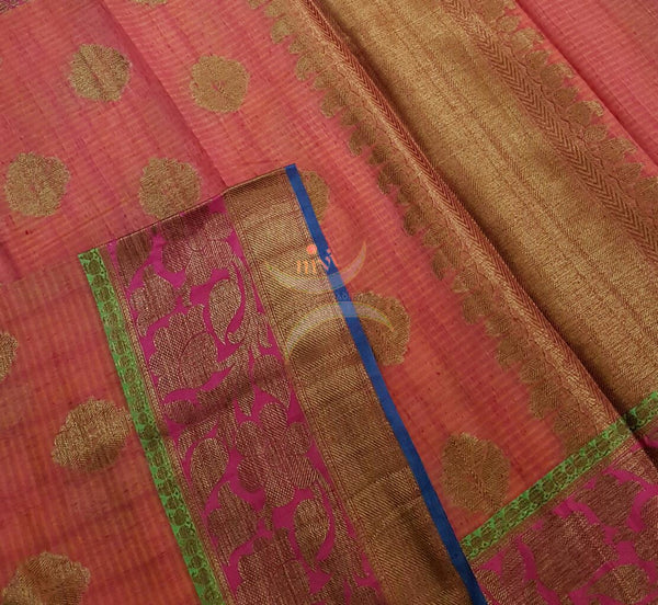 Peachish pink Linen Cotton Benaras Brocade saree with antique zari weaving all over the saree.