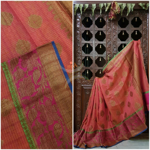 Peachish pink Linen Cotton Benaras Brocade saree with antique zari weaving all over the saree.