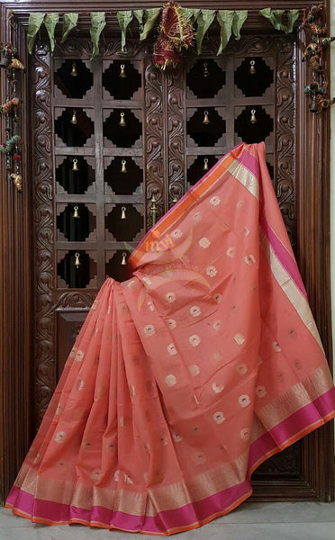 Peach silk cotton benaras brocade saree with satin finish contrasting pallu and border and antique gold zari woven on border