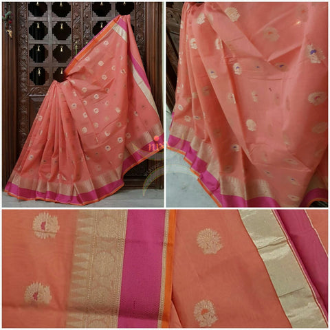 Peach silk cotton benaras brocade saree with satin finish contrasting pallu and border and antique gold zari woven on border