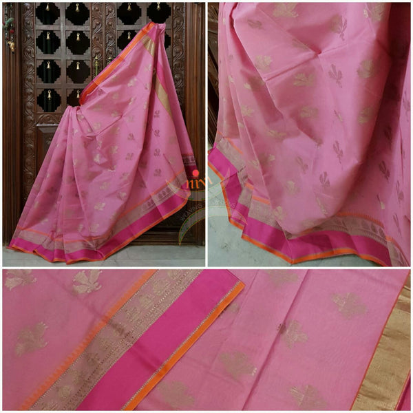 Pink silk cotton benaras brocade saree with satin finish contrasting pallu and border and antique gold zari woven on border and booties allover.