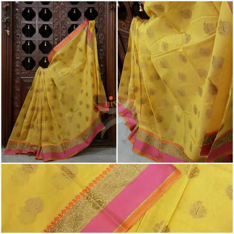 Yellow silk cotton benaras brocade saree with satin finish contrasting pallu and border and antique gold zari woven on border and booties all over