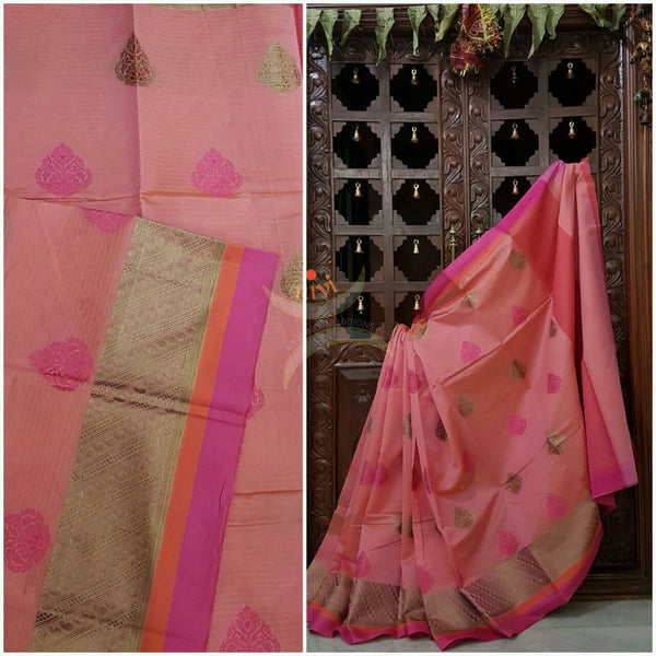 Peach silk cotton benaras brocade saree with satin finish contrasting pallu and border and antique gold zari woven on border