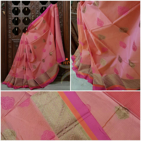 Peach silk cotton benaras brocade saree with satin finish contrasting pallu and border and antique gold zari woven on border