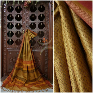 Mustard yellow Handwoven Bagalpuri Tussar Silk. Silk mark certified.