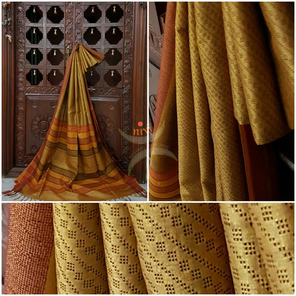 Mustard yellow Handwoven Bagalpuri Tussar Silk. Silk mark certified.