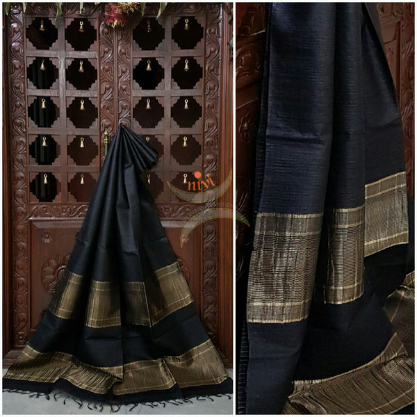 Black Handwoven Tussar Silk. Silk mark certified.