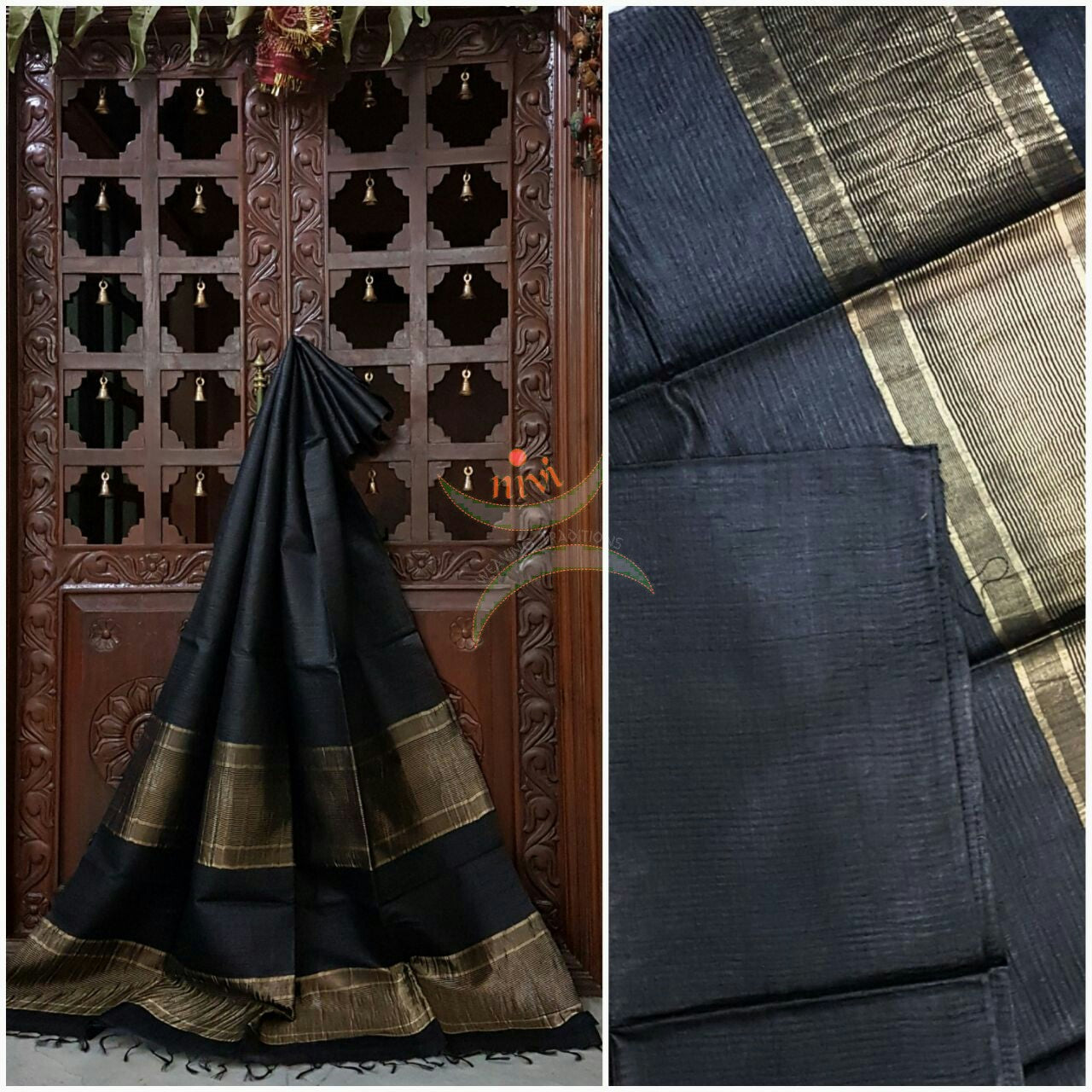 Black Handwoven Tussar Silk. Silk mark certified.