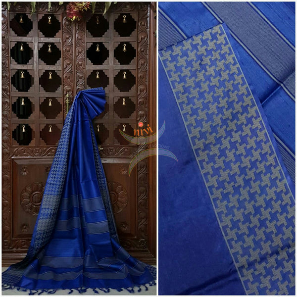 Royal blue Handwoven Bagalpuri Tussar Silk. Silk mark certified.