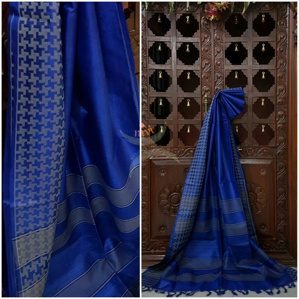 Royal blue Handwoven Bagalpuri Tussar Silk. Silk mark certified.