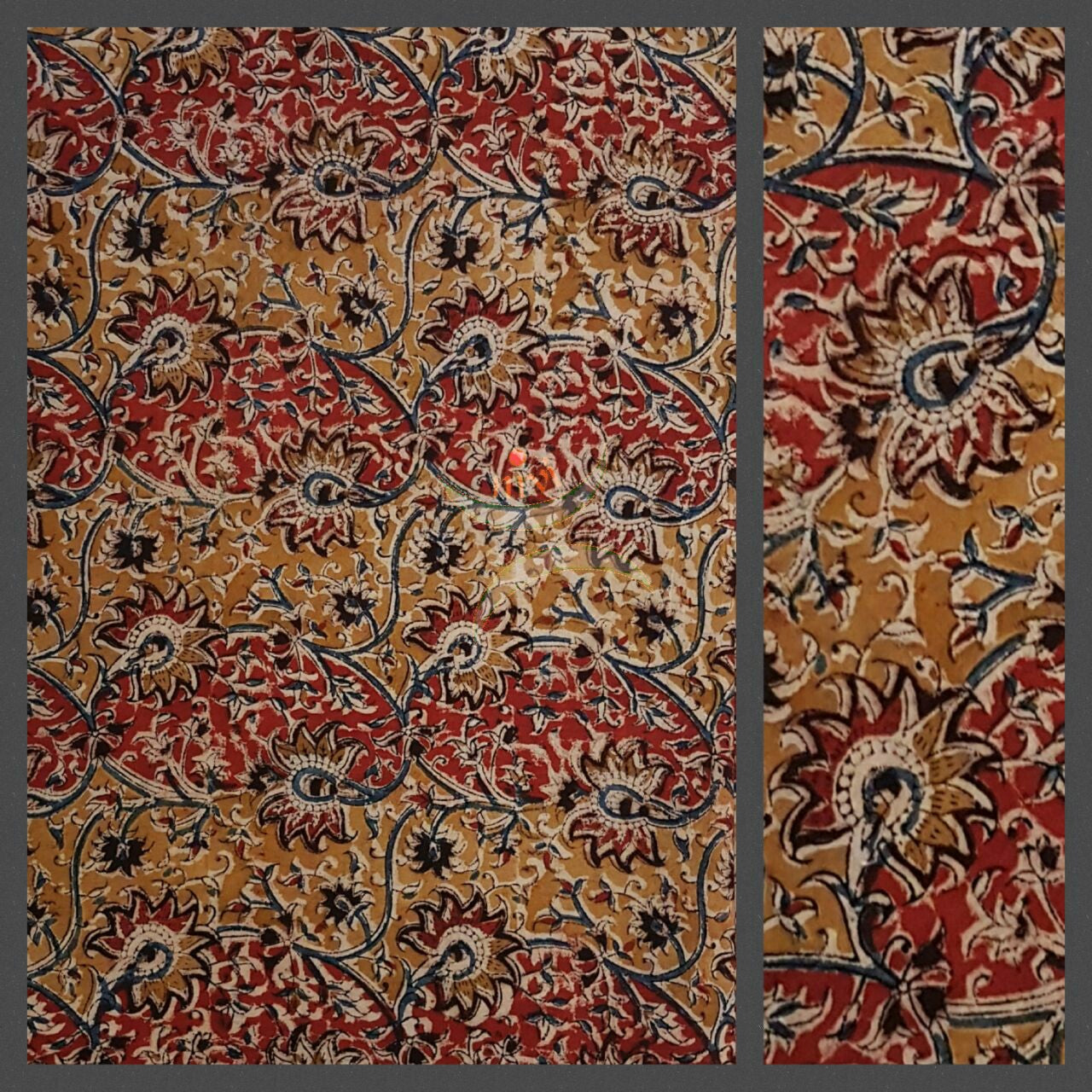 Red Mustard handwoven cotton kalamkari material with floral  motifs.