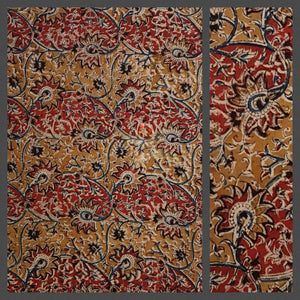 Red Mustard handwoven cotton kalamkari material with floral  motifs.