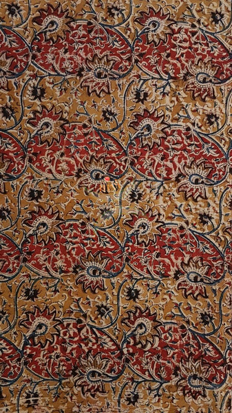 Red Mustard handwoven cotton kalamkari material with floral  motifs.