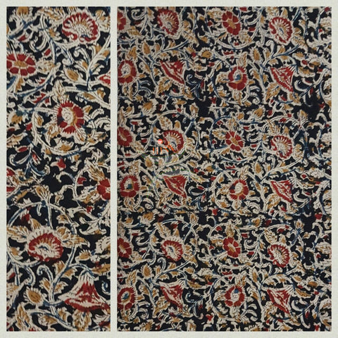 Black handwoven cotton kalamkari material with floral  motifs.