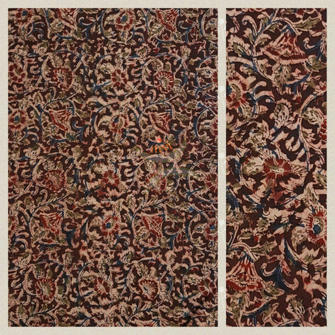 Maroon handwoven cotton kalamkari material with floral  motifs.