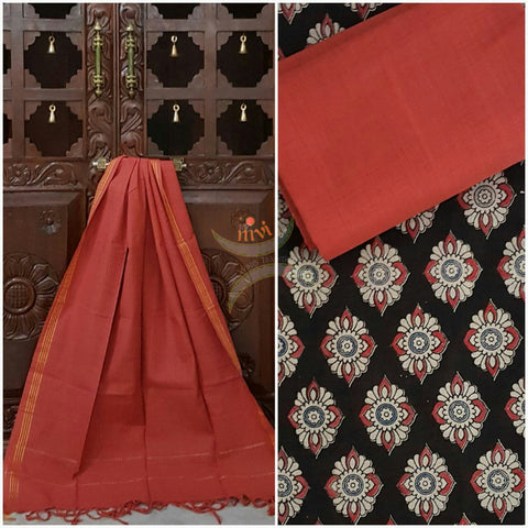 Black handwoven kalamkari top with floral motif all over combined with rose color handwoven mangalgiri duppata and bottom