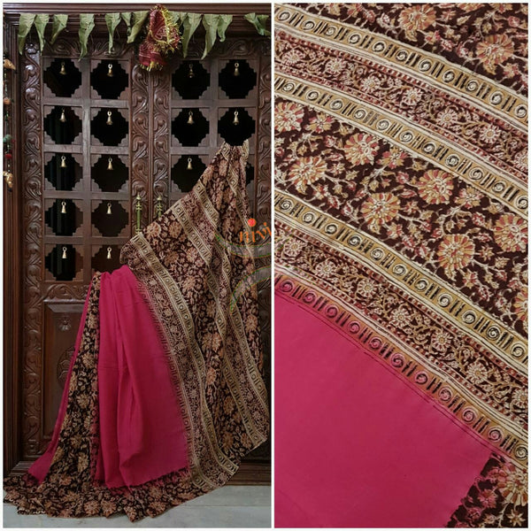 Pink Patli pallu chennur silk kalamkari with floral motif.