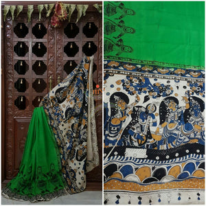 Green Chennur silk kalamkari with intricate dancing figure motif on pallu and on border.