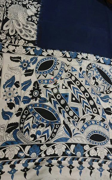 Navy blue Chennur silk kalamkari with intricate peacock motif, musical instruments and floral motif on pallu and on border.