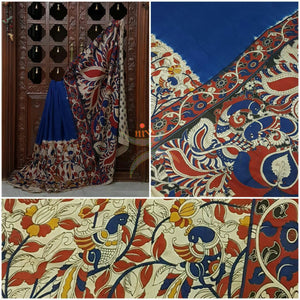 Royal blue chennur silk kalamkari with intricate peacock motif and floral motif on pallu and on border.