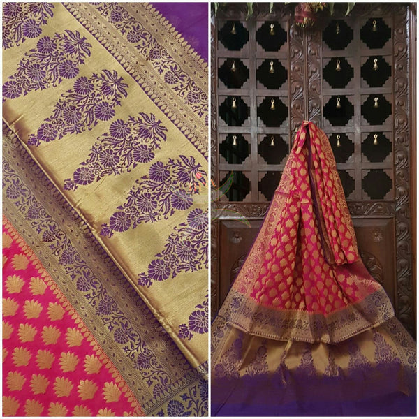 Pink Silk Cotton Benaras with traditional Brocade weaving all over the saree with contrasting purple pallu.