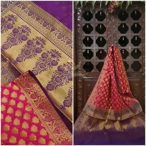 Pink Silk Cotton Benaras with traditional Brocade weaving all over the saree with contrasting purple pallu.