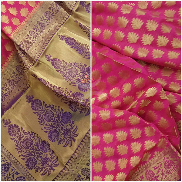Pink Silk Cotton Benaras with traditional Brocade weaving all over the saree with contrasting purple pallu.