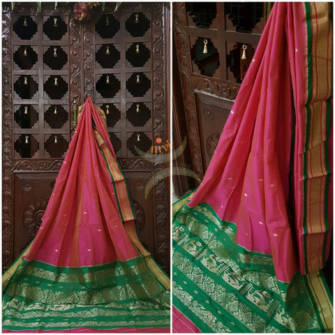 Pink silk Paithani with traditional peocock motif comes with contrasting green border and pallu.