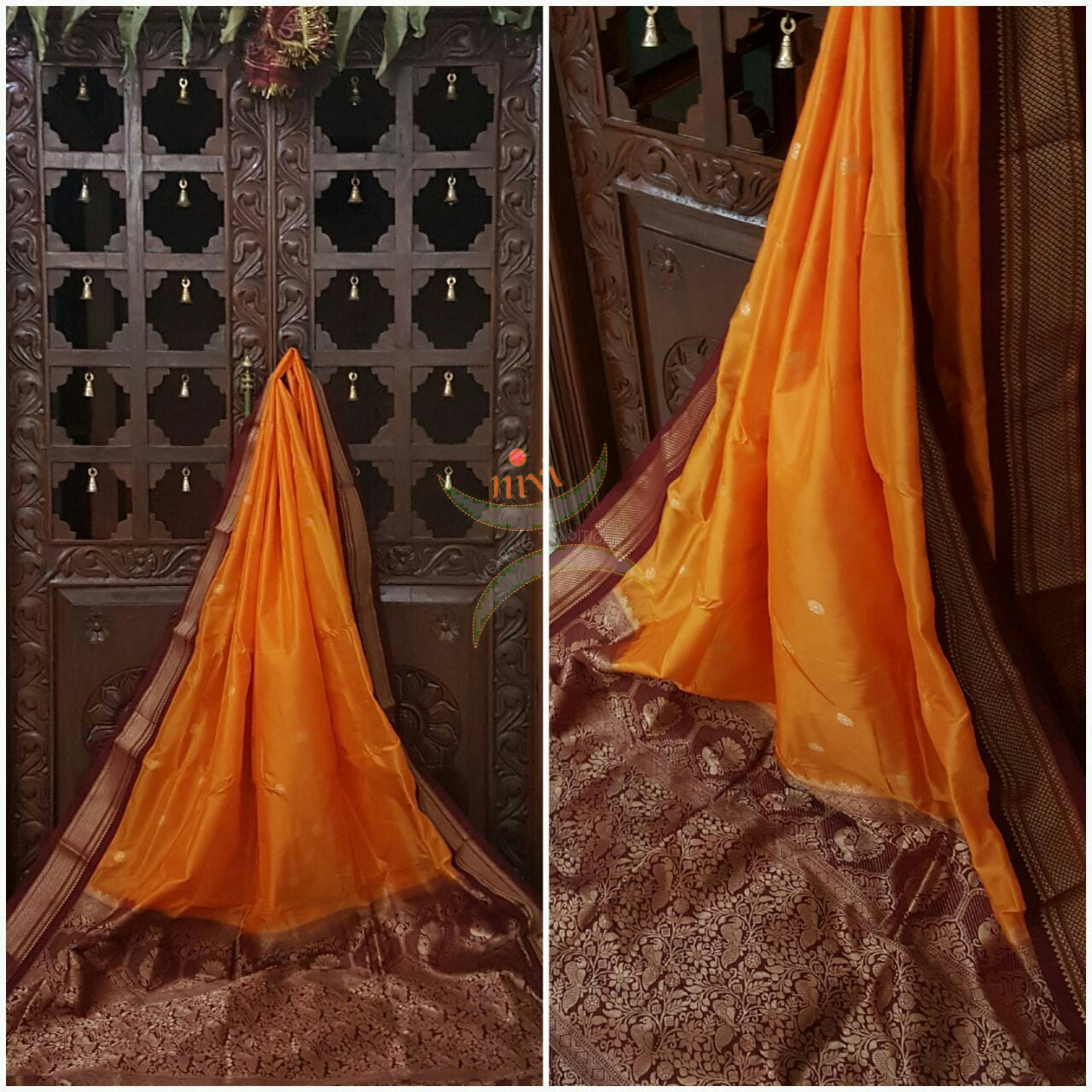Orange silk Paithani with traditional peocock motif comes with contrasting Brown border and pallu.
