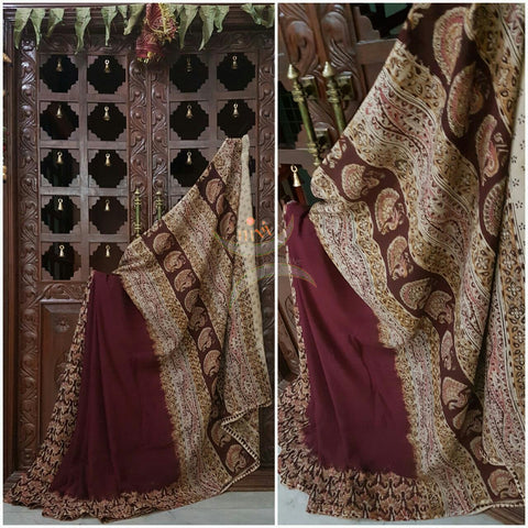 Maroon Patli pallu chennur silk kalamkari with floral motif and intricate peacock motif on pallu.