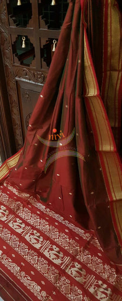 Brown silk Paithani with traditional peocock motif comes with contrasting red border and pallu.