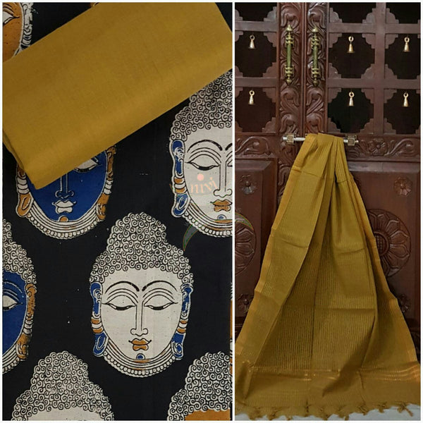 Black handwoven kalamkari top with Buddha face motif all over combined with dijon color handwoven mangalgiri duppata and bottom