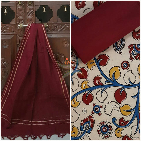 Off white handwoven kalamkari top with floral motif all over combined with Maroon handwoven mangalgiri duppata and bottom